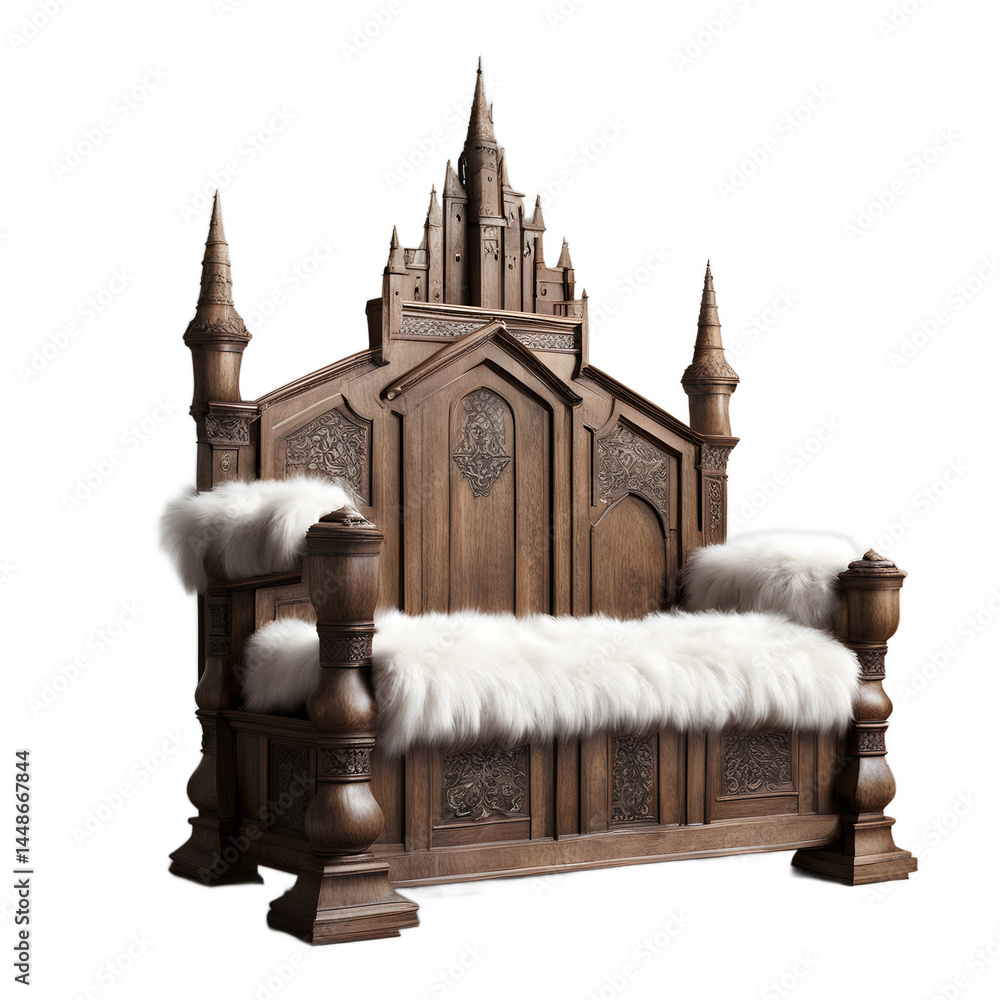 Poster Medieval castle-style heavy oak and fur sofa, isolated on a empty plain background