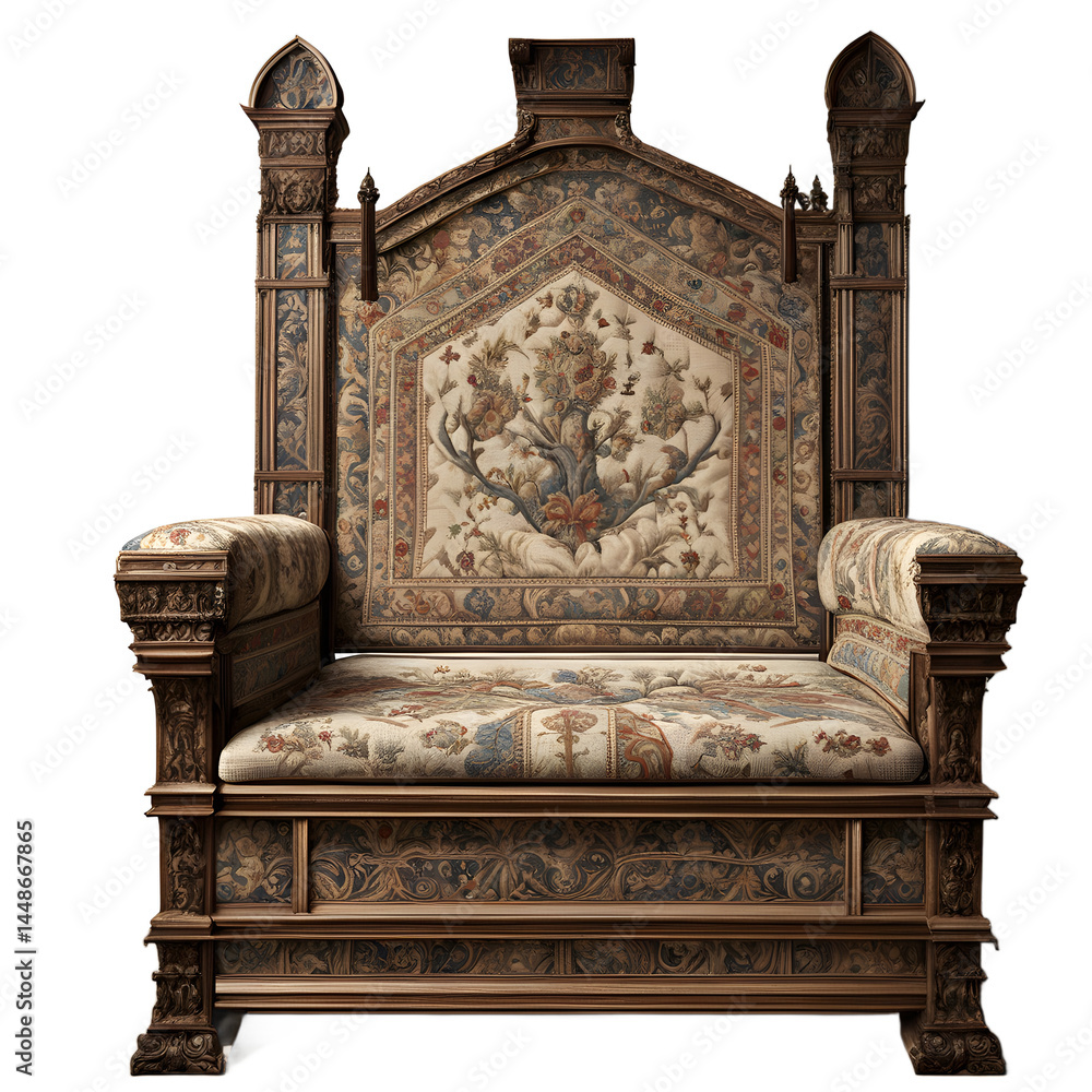 Aufkleber medieval tapestry-covered oak throne sofa, isolated on a empty plain background_
