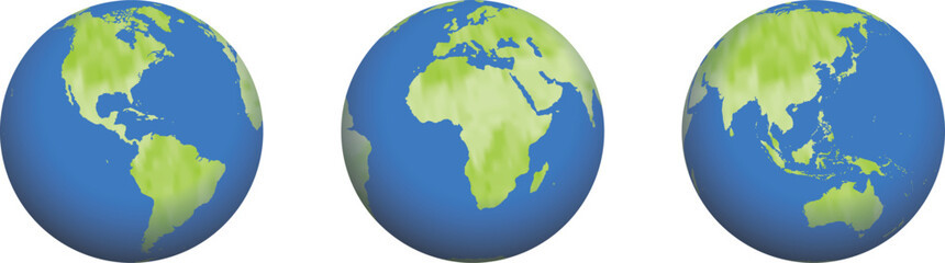 Blue and green colored illustration of the earth from three different angles. (America, Europe and Africa, Asia and Australia.)