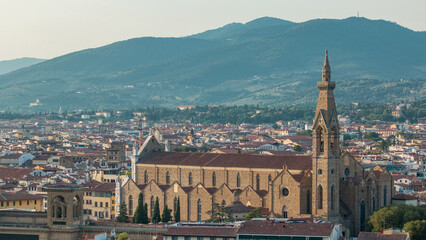 Obraz premium Florence aerial cityscape view timelapse from Michelangelo square on the old town with Santa Croce church in Italy