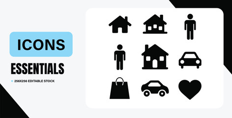 Essentials Icons pack - Home, user, car, heart & more (256*256 Editable)