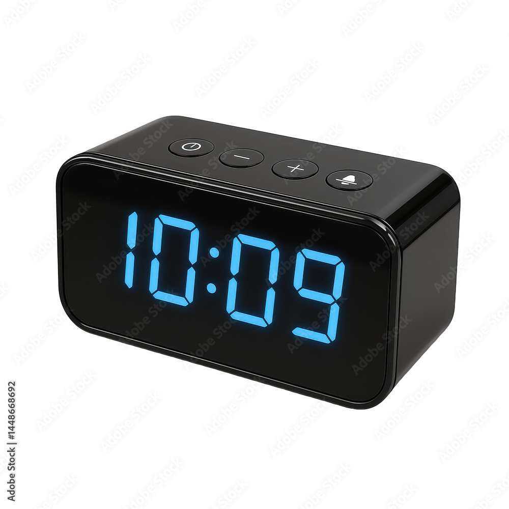 Poster modern black digital alarm clock showing the time in glowing blue led digits with circular function 