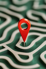 Goal Achieved: A vibrant red map pin stands out against a complex labyrinth, symbolizing direction, success, and finding the right path.
