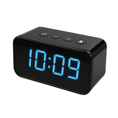 Modern black digital alarm clock showing the time in glowing blue LED digits with circular function buttons on top.
