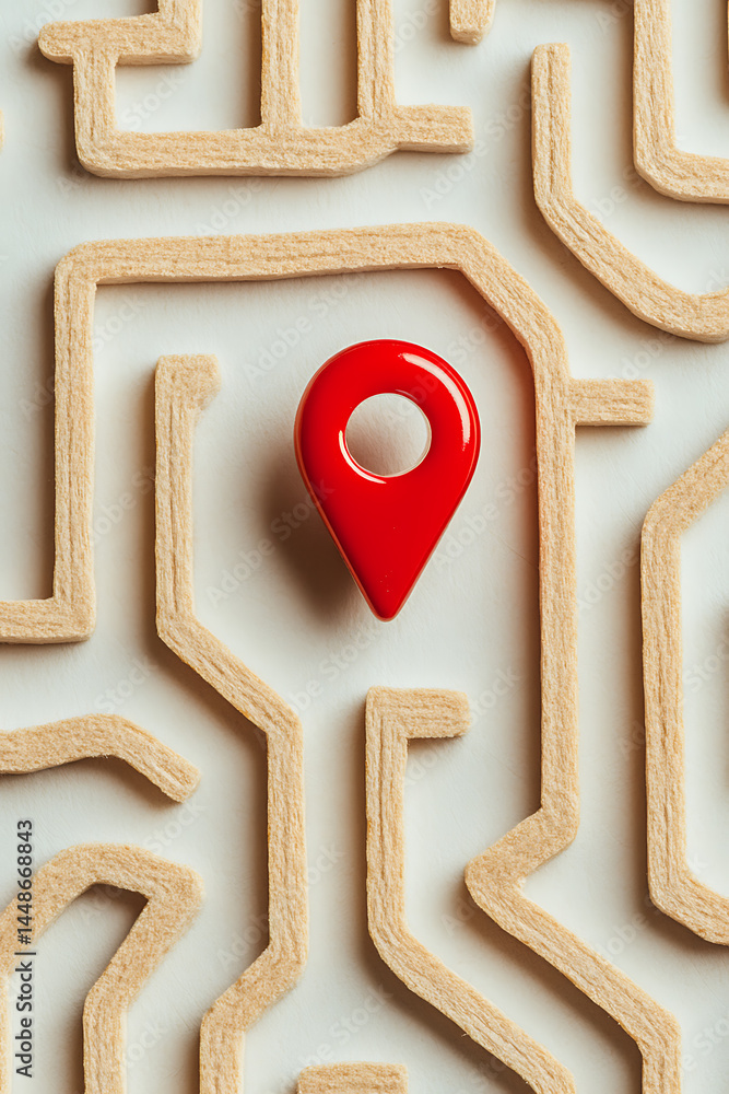 Poster location marker in a labyrinth, indicating a point of interest or destination within a complex netwo
