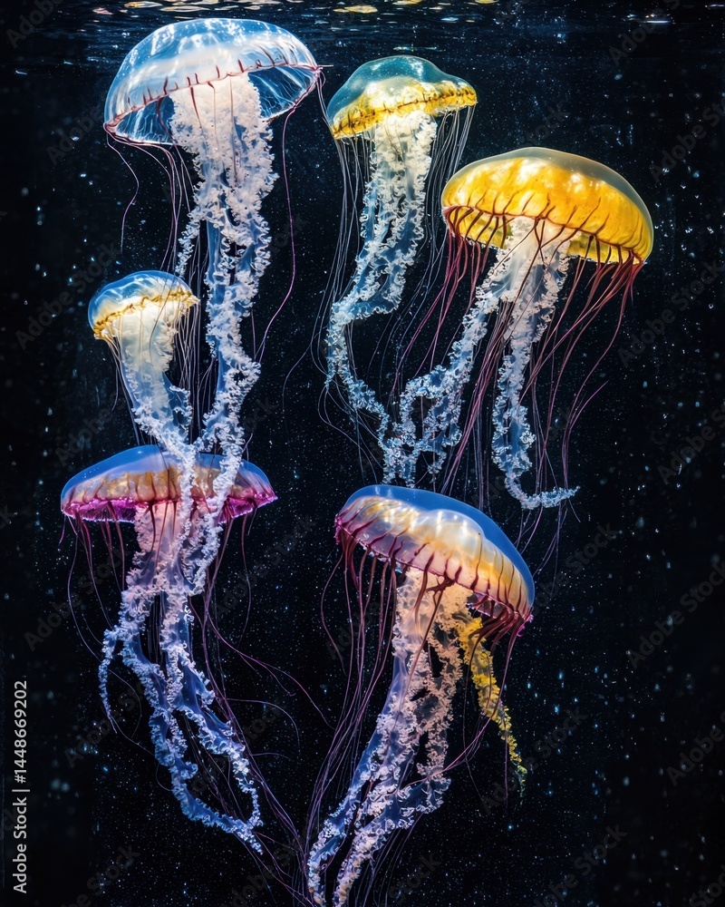 Poster graceful jellyfish dance in the deep ocean water with ethereal light and dark background creating a 