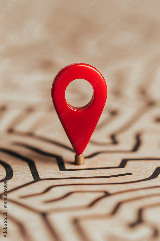 Poster red locator pin on maze. illustrates navigation, location, and problem-solving. precision and guidan