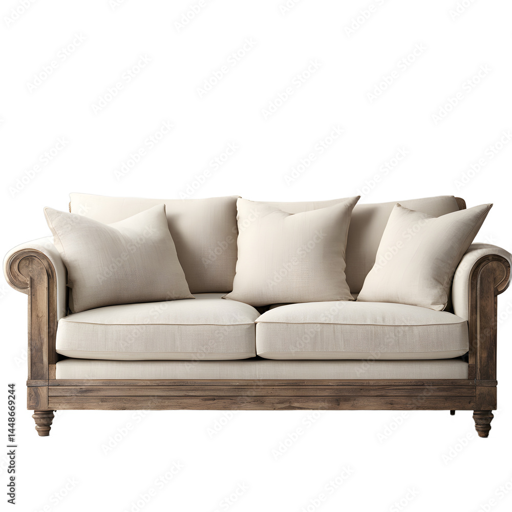 Poster Rustic farmhouse beige linen sofa with distressed wood arms, isolated on a empty plain background
