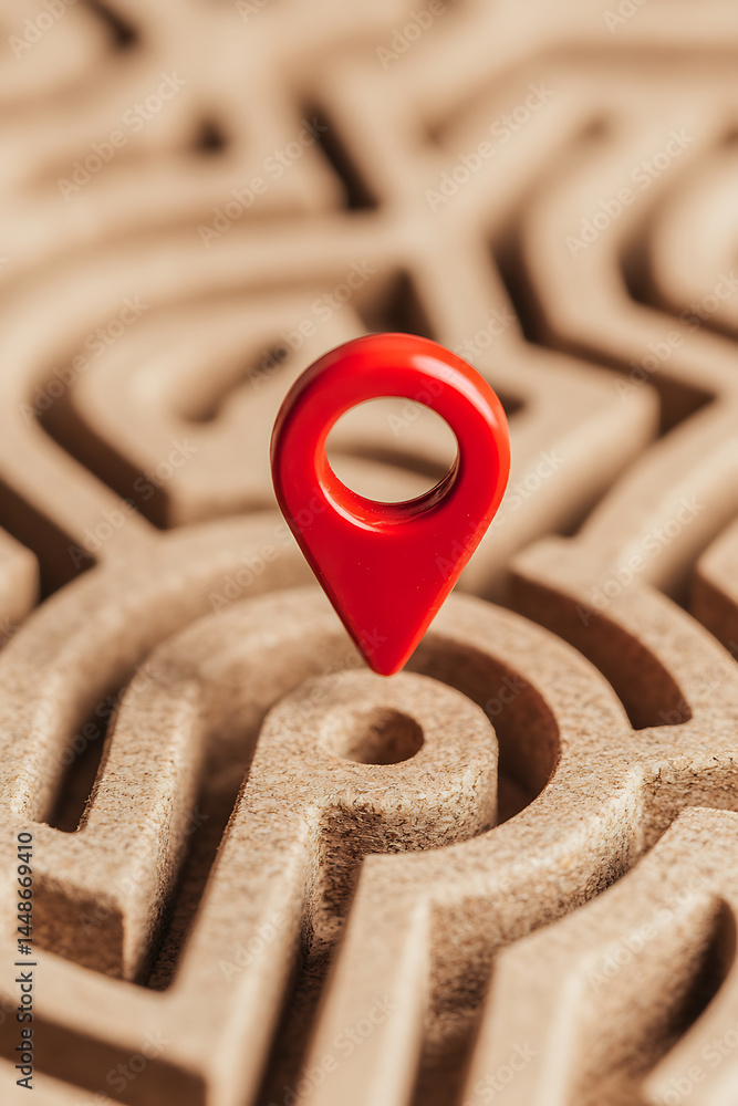 Poster red pointer indicating a location on a winding maze, symbolizing navigation, strategy, and problem-s