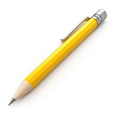 A Close-Up View of a Vibrant Yellow Pencil with a Metallic Clip, Isolated on a Pure White Background, Ready for Writing or Drawing