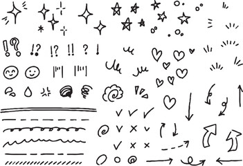 Hand drawn element line art love set, star set, music set, sketch white and black, red color vector