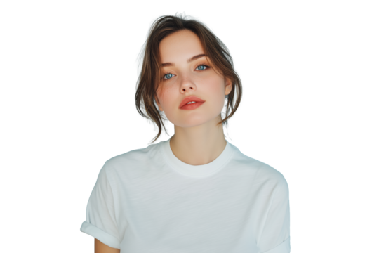 Junge Frau mit natürlichem Ausdruck in weißem T-Shirt PNG mit transparentem Hintergrund

