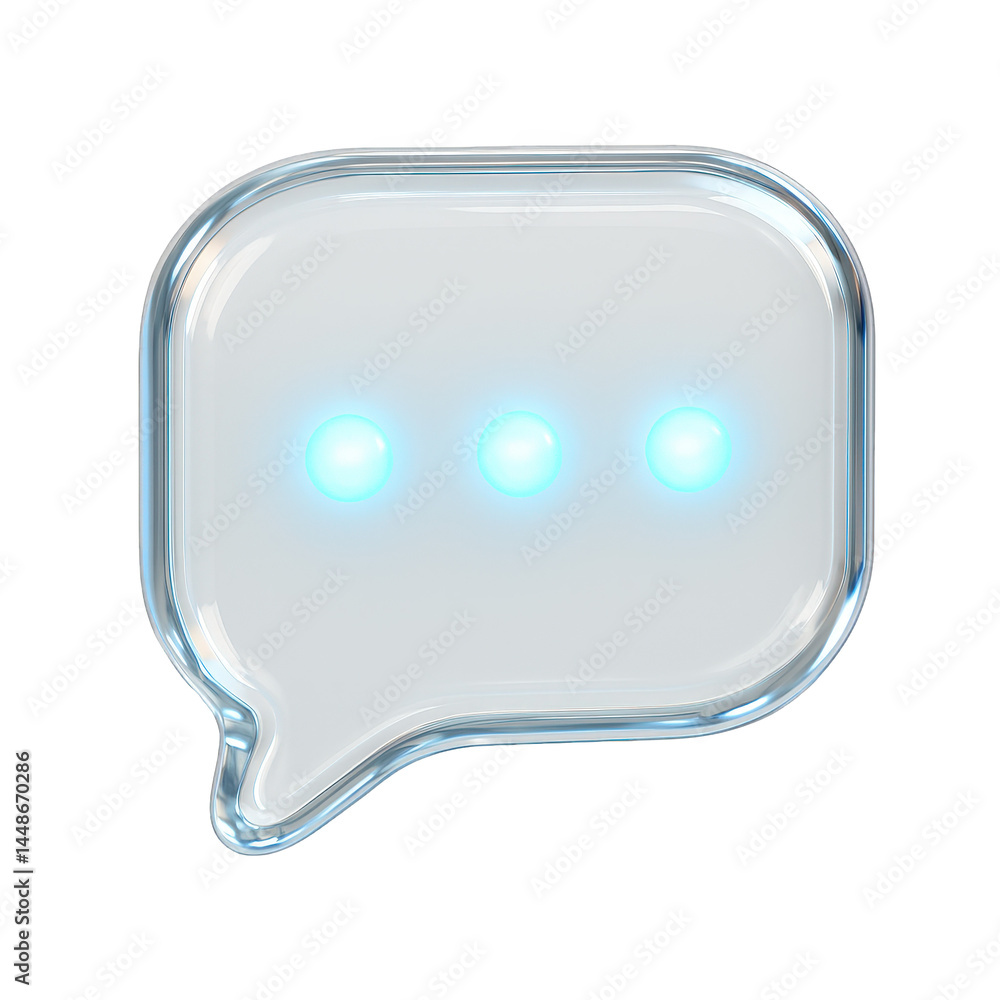 Aufkleber sleek transparent chat bubble icon displaying luminous blue typing indicators for digital messaging.