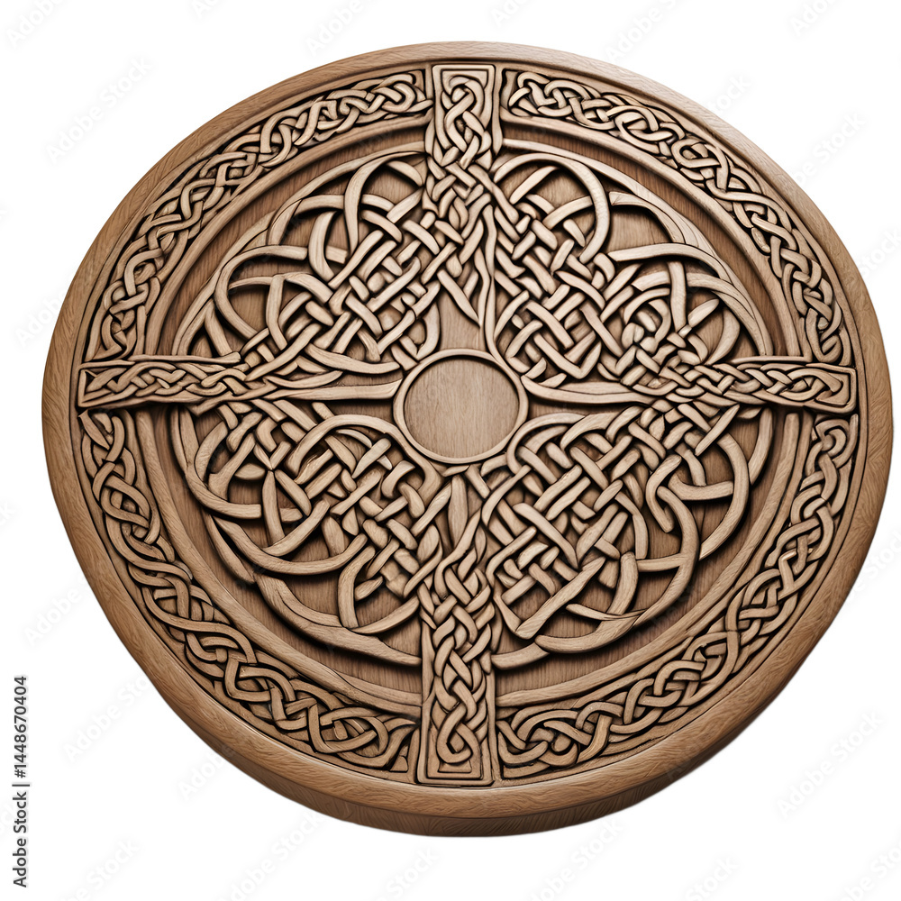 Poster celtic knotwork carved oak round table, isolated on a empty plain background