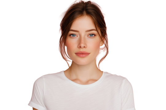 Junge Frau mit natürlichem Ausdruck in weißem T-Shirt PNG mit transparentem Hintergrund

