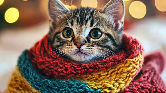 Cozy kitten wrapped in colorful knit blanket with festive lights