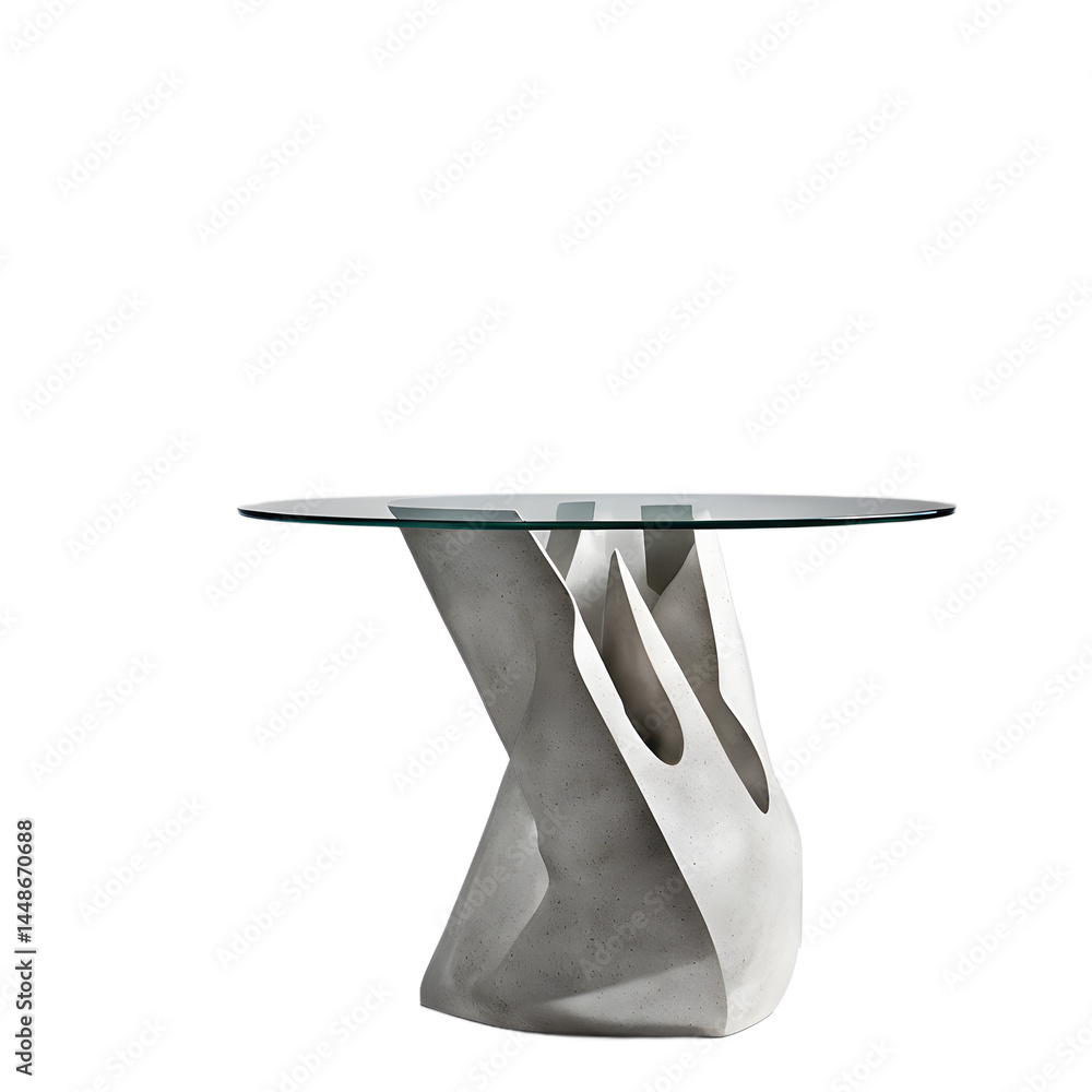 Aufkleber modern glass tabletop with sculptural concrete base, isolated on a empty plain background