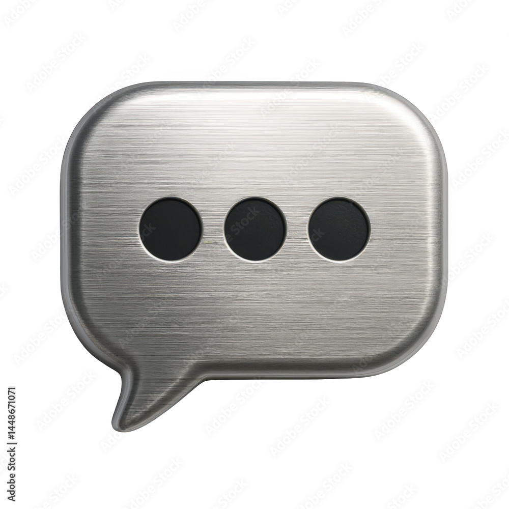 Poster a sleek brushed metal message bubble icon with three black circles signifying dynamic interaction an