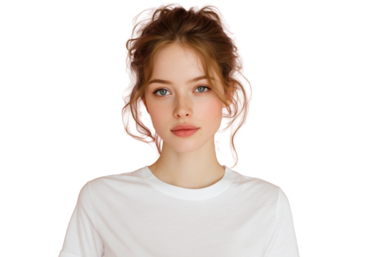 Junge Frau mit natürlichem Ausdruck in weißem T-Shirt PNG mit transparentem Hintergrund

