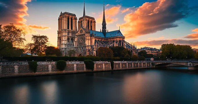 Notre Dame Cathedral at Sunset over the Seine River