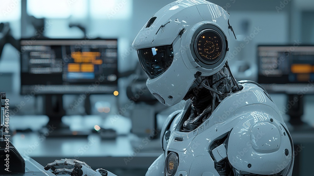 Poster futuristic robot in a modern laboratory setting.