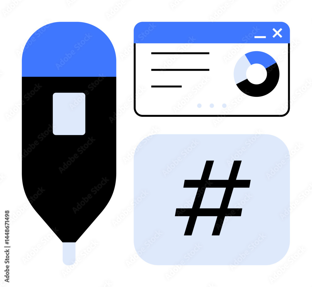 Poster digital pen alongside an analytics dashboard and metadata tag symbol. ideal for technology, data vis