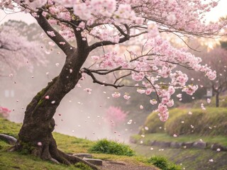 Fototapeta premium Cherry blossom tree in full bloom petals floating in the air tranquil park nature scene serene viewpoint seasonal beauty