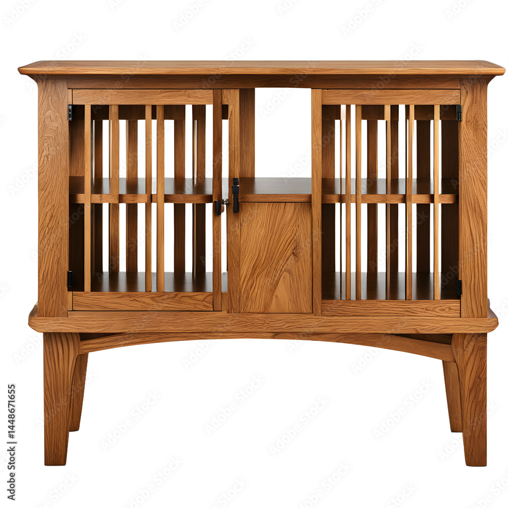 Aufkleber arts and crafts mission-style oak tv stand with vertical slats, isolated on a empty plain background