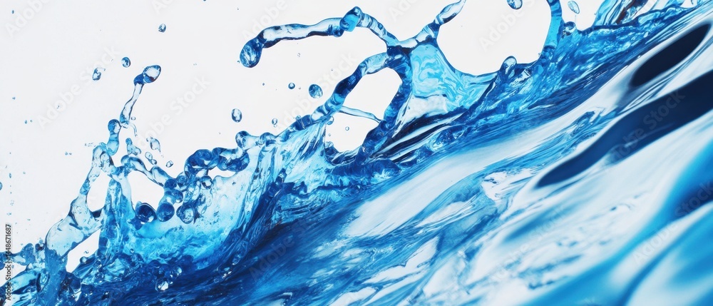 Poster captivating close up of dynamic water splash with vibrant blue hues against a clean white background