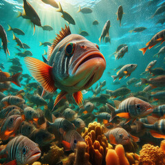 Naklejka premium Colorful fish swimming in a vibrant underwater coral reef during daylight in a tropical ocean