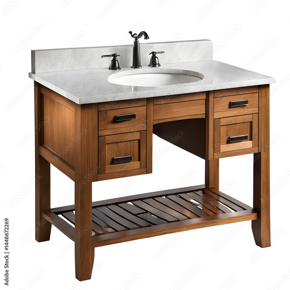 Poster craftsman mission oak vanity with vertical slats and sturdy structure, isolated on a empty plain bac