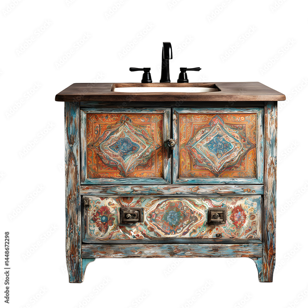 Poster bohemian hand-painted vanity with vibrant patterns and distressed wood, isolated on a empty plain ba