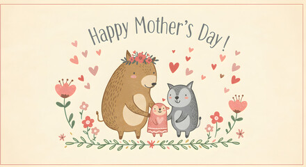 Obraz premium Happy mother's day card with bear and wolf family illustration for greeting and celebration design