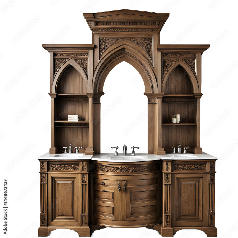 Aufkleber tudor oak vanity with linenfold panel details and gothic arches, isolated on a empty plain backgroun
