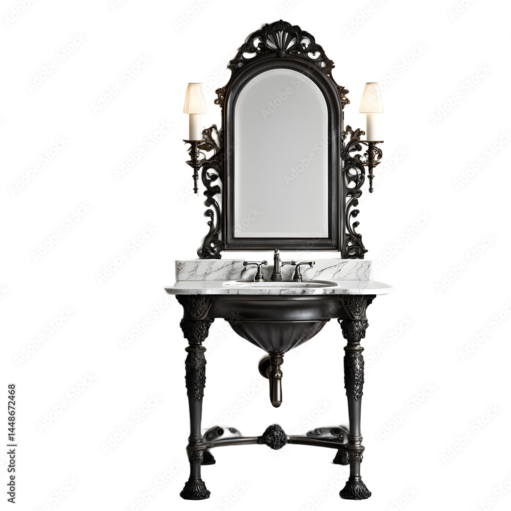 Poster victorian cast iron base vanity with marble slab top, isolated on a empty plain background