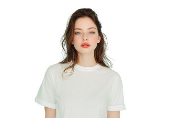 Fototapeta premium Junge Frau mit natürlichem Ausdruck in weißem T-Shirt PNG mit transparentem Hintergrund