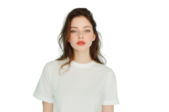 Junge Frau mit natürlichem Ausdruck in weißem T-Shirt PNG mit transparentem Hintergrund


