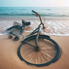 Bicycle half-buried in sand as waves gently lap at the shoreline during sunset