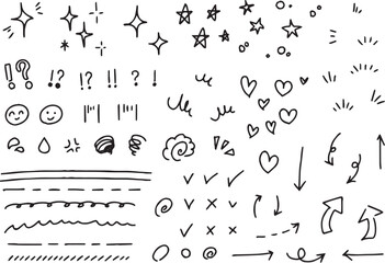 Hand drawn element line art love set, star set, music set, sketch white and black, red color vector