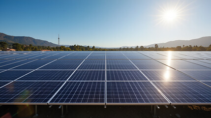 A large array of solar panels is displayed under a bright, clear sky, capturing sunlight to convert into renewable energy, emphasizing sustainability.