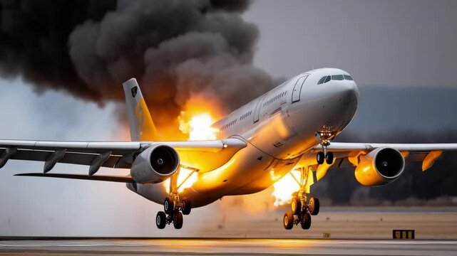 Airplane taking off while catching fire during flight demonstration - Powered by Adobe
