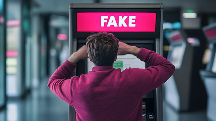 Frustration at the terminal: A person reacts with dismay to a screen displaying 'FAKE,' questioning its authenticity and reliability in a modern setting.