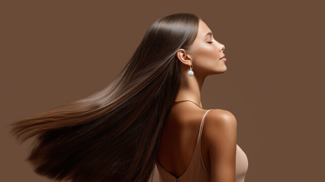 fashion woman with flying straight shiny brown hair on beige background