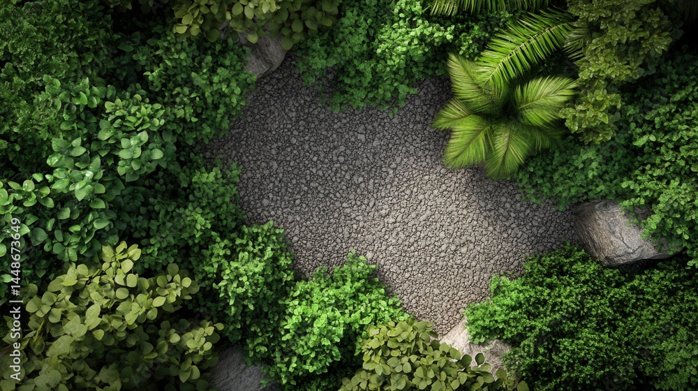 Poster aerial view of lush green garden with palm trees and stone path creating a serene and natural ambian