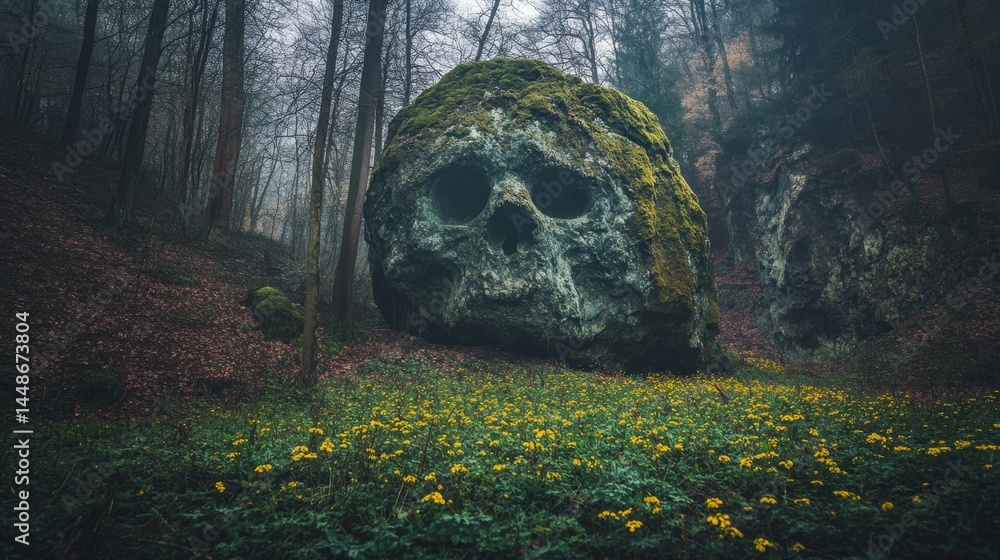 Poster eerie skull shaped rock covered in moss in a forest with yellow flowers creating a mysterious and ca