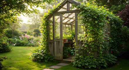 Naklejka premium Antique Greenhouse Covered In Ivy With Beautiful Garden In The Background