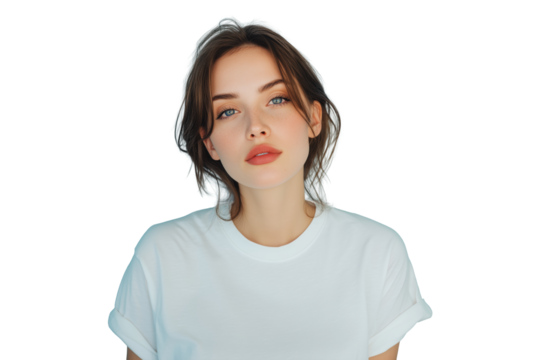 Junge Frau mit natürlichem Ausdruck in weißem T-Shirt PNG mit transparentem Hintergrund

