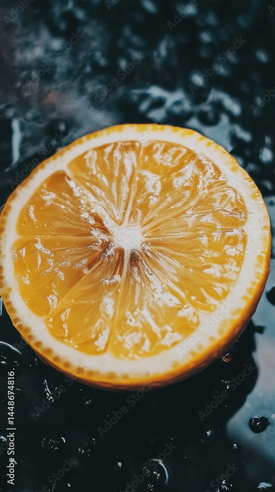 Poster captivating close up of a vibrant lemon slice showcasing its juicy texture and bright color against 