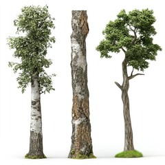 Fototapeta premium Three Majestic Trees Birch with Stump, and Evergreen Isolated.