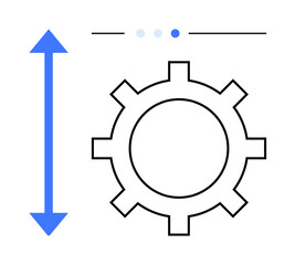 Gear symbol aligned with blue vertical arrow and progress indicators implies growth, scalability, customization. Ideal for automation, engineering, development, workflow, innovation, strategy
